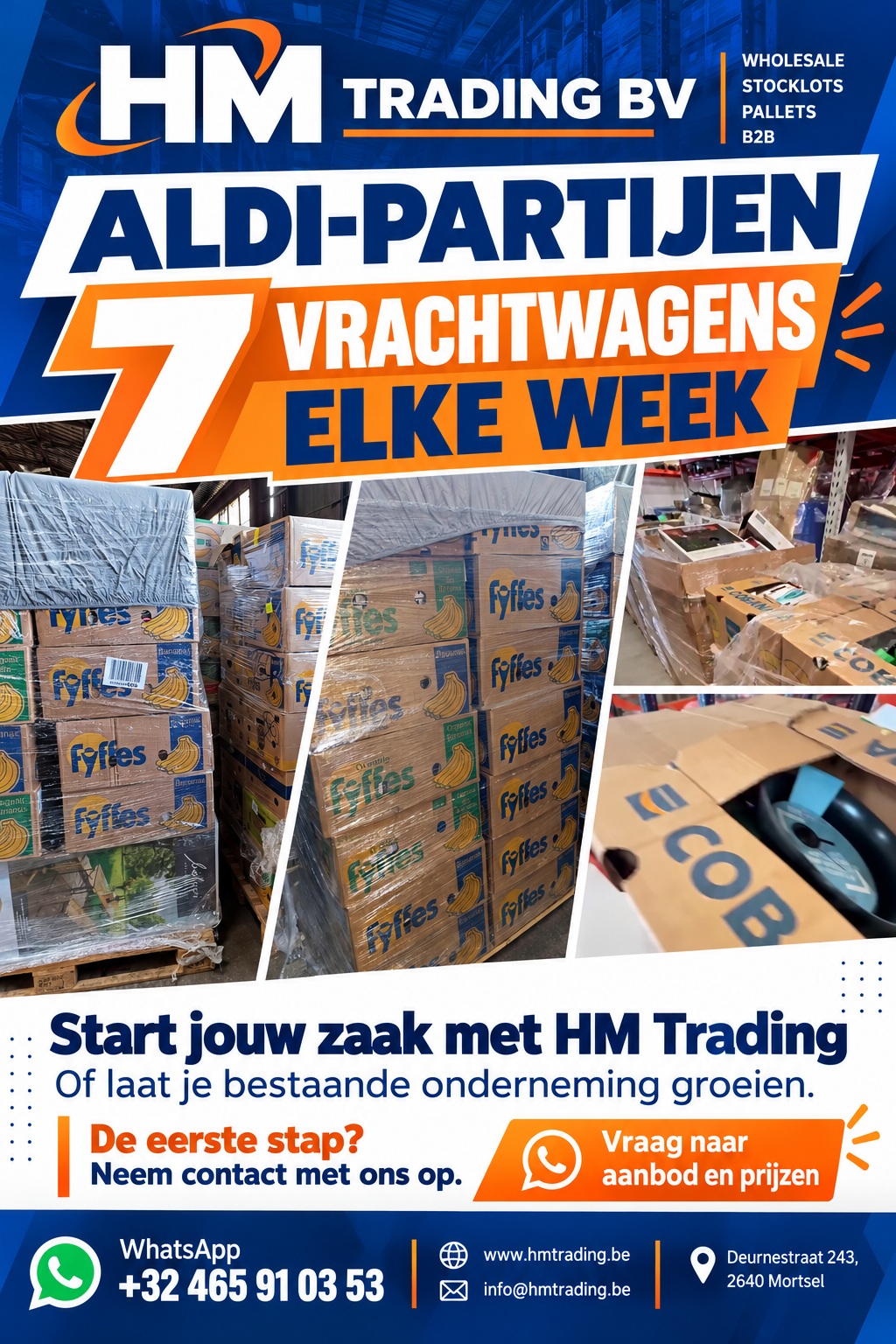HM Trading ALDI-partijen · 7 vrachtwagens elke week · WhatsApp +32 465 91 03 53