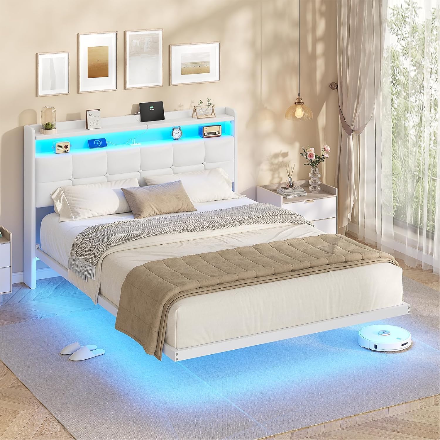 Tweepersoonsbed met led en laadstation — 140 × 200 cm — wit — zonder matras
