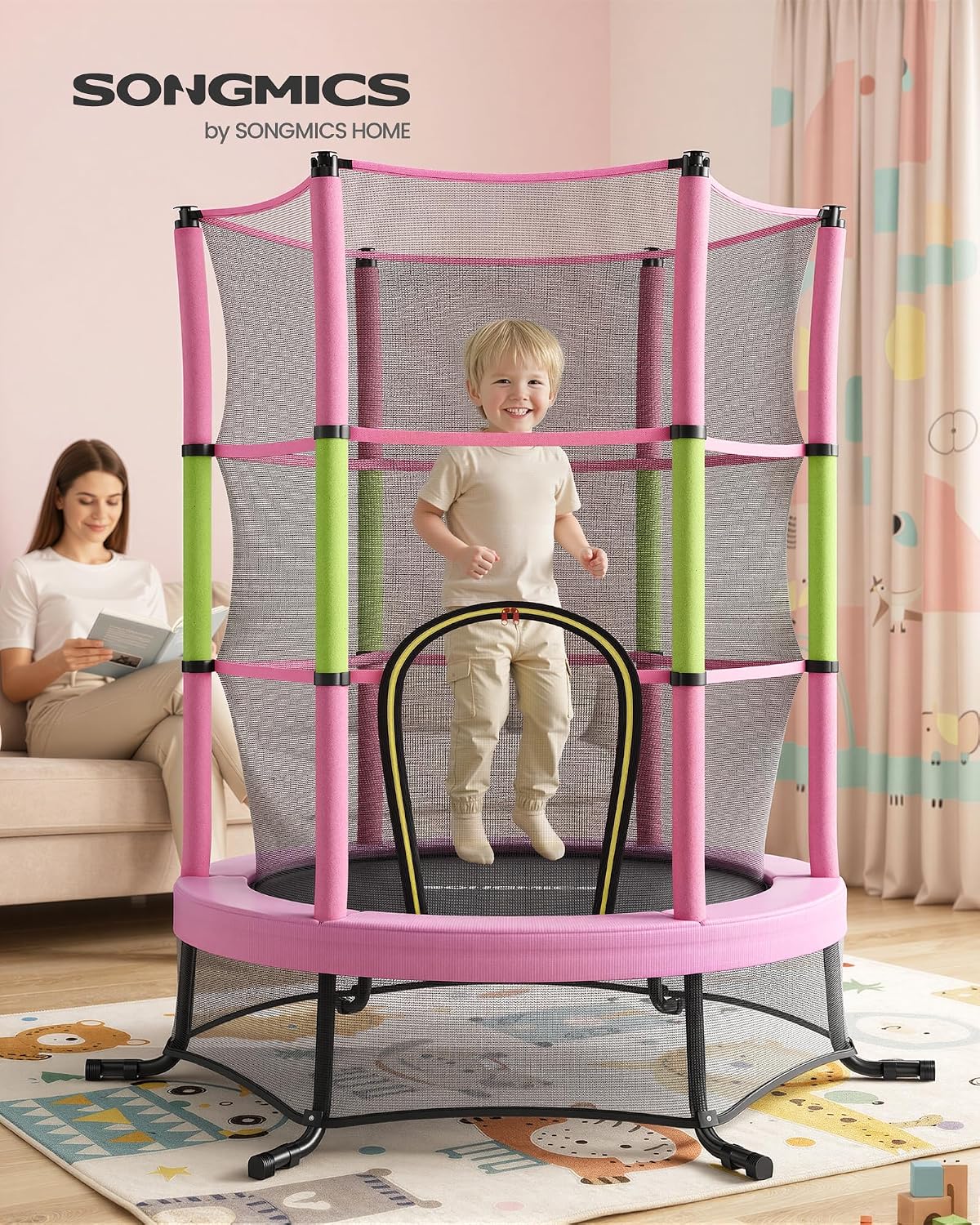 SONGMICS Trampoline voor kinderen, 174 cm, kindertrampoline met veiligheidsnet, randafdekking, mini-trampoline, fitness, stalen frame, tuintrampoline, voor binnen en buiten, tuin