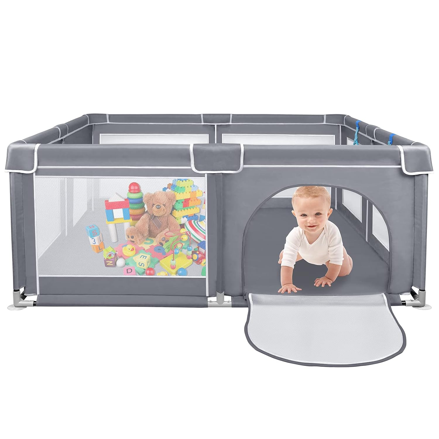 Aufun Babybox met ademend net en ritssluiting, veiligheidsspeelplaats, grijs, rechthoekig kruiprooster, beschermende speelruimte voor kinderen (180 x 200 x 68 cm)