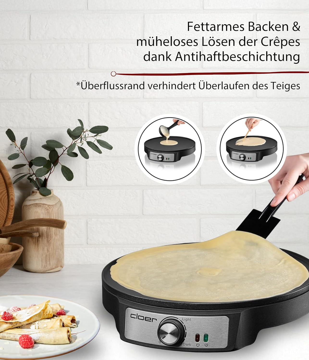 Cloer 6620 Crêpes-maker voor flinterdunne crêpes met 29 cm diameter, incl. deegverdeler en spatel, anti-aanbaklaag, traploze temperatuurregeling en controlelampje, 1200 W