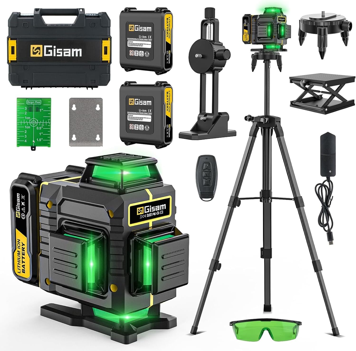 Kruislijnlaser met statief, multifunctionele 4D-laser met 16 lijnen, draadkruis, waterpas, bouwdraadkruis, laserwaterpas, 2 x 4800 Li-ion batterij met laadaansluiting type C