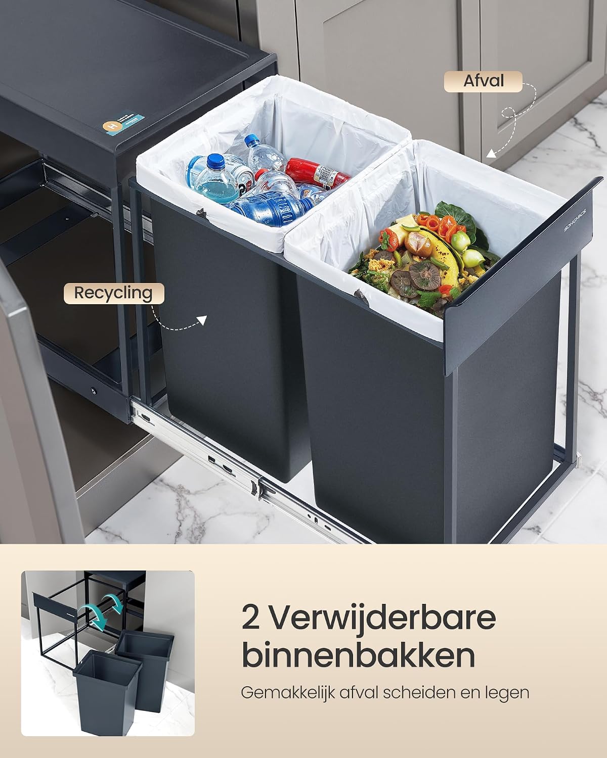 SONGMICS Keukenprullenbak, uittrekbaar, 3 gallon (20 L), 2-compartimenten — foto 5