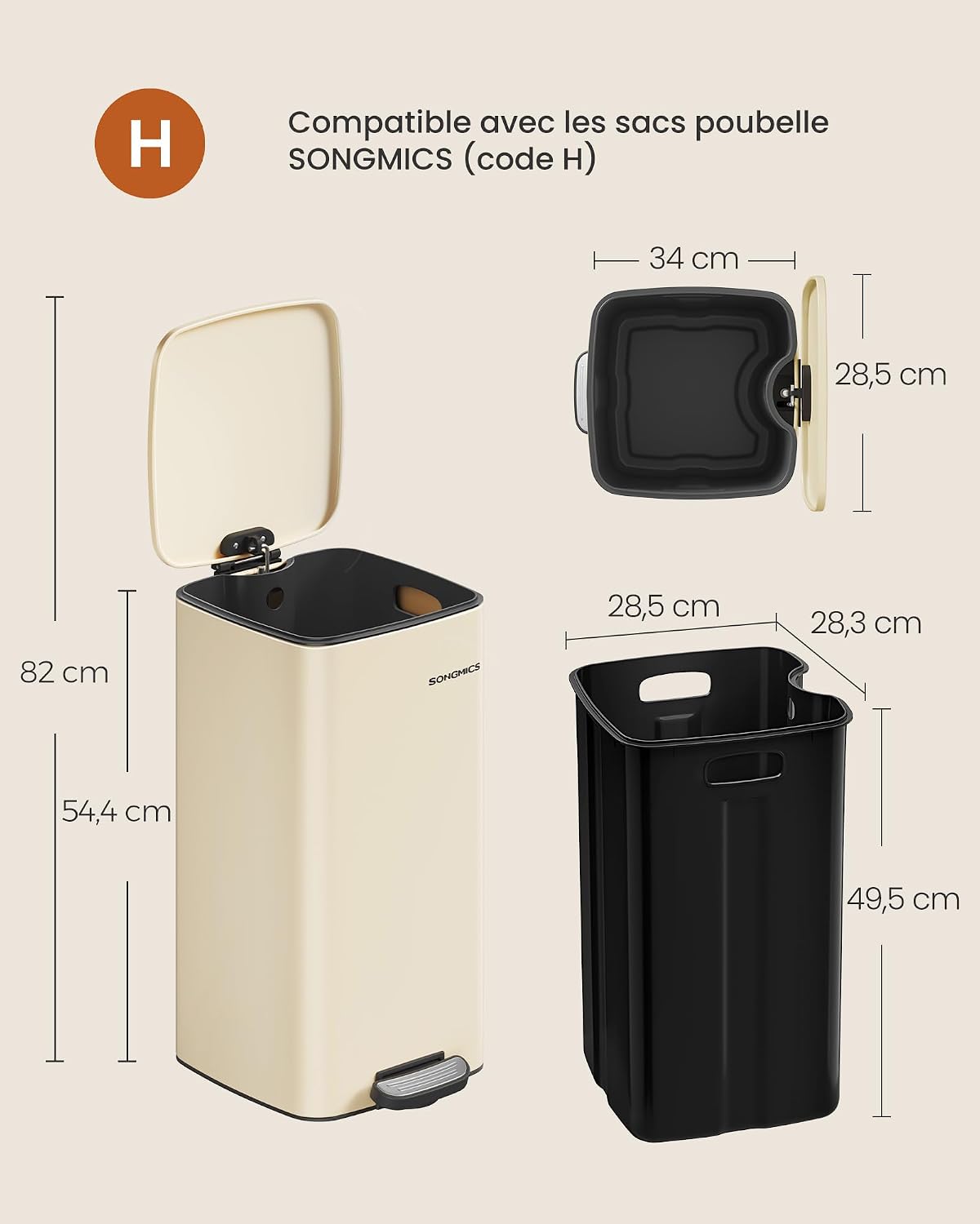 SONGMICS Afvalemmer voor de keuken, afvalbak 30 l, pedaalemmer van staal, met binnenemmer, zachte sluiting en opening, zandbeige LTB593A02 — foto 7