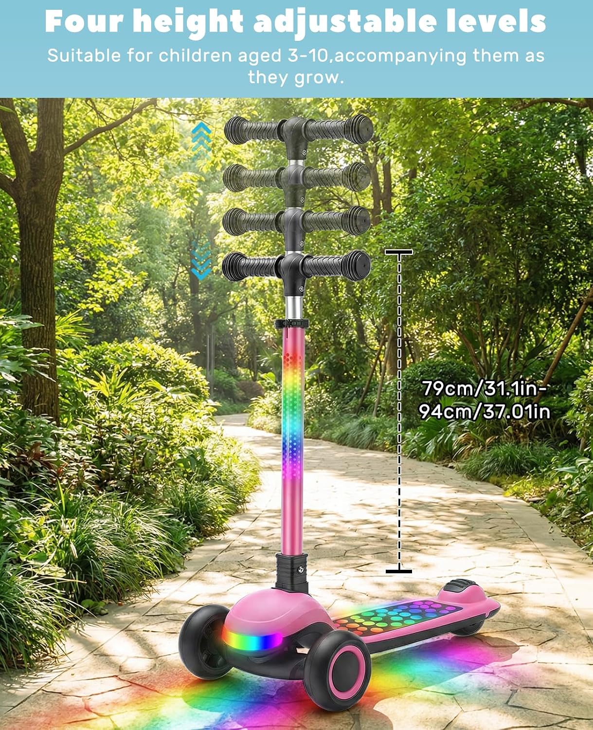 UBRAVOO Scooter voor kinderen van 3 tot 10 jaar, met slechts één klik, inklapbaar, met 4-voudig in hoogte verstelbaar stuur en achterwielrem, verlichte wide-deck-step — foto 2
