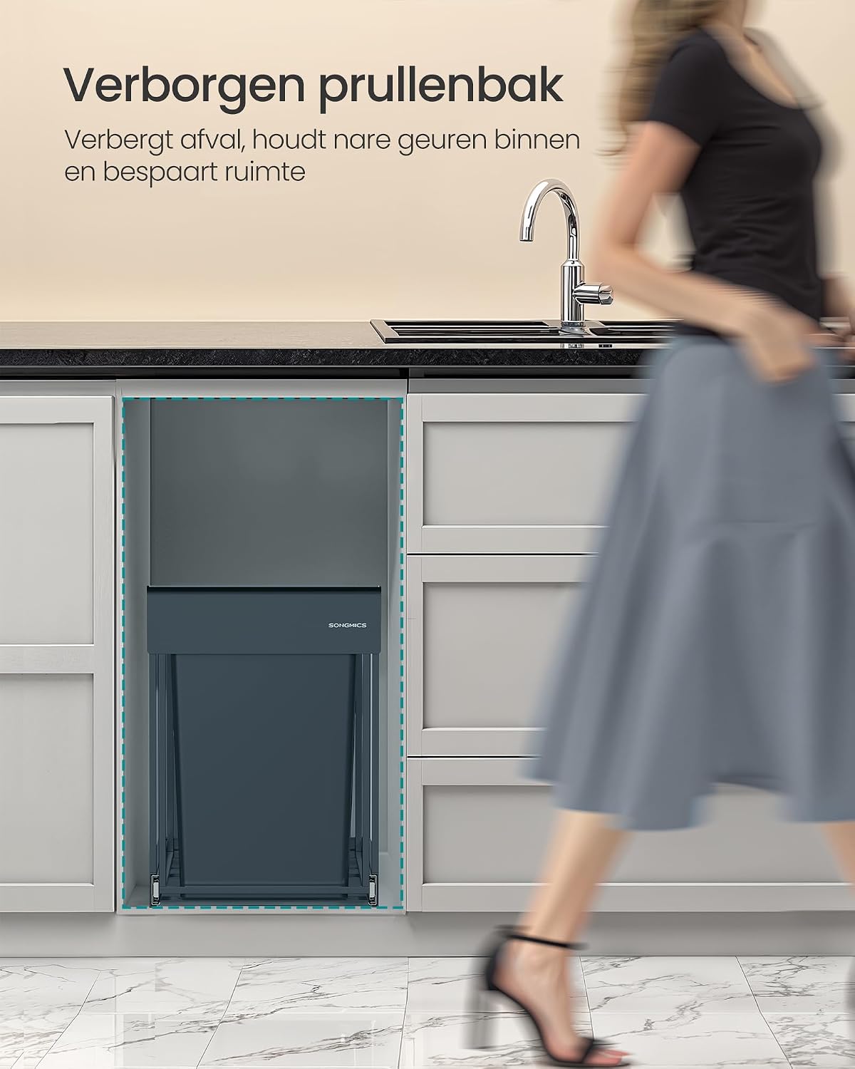 SONGMICS Keukenprullenbak, uittrekbaar, 3 gallon (20 L), 2-compartimenten — foto 3