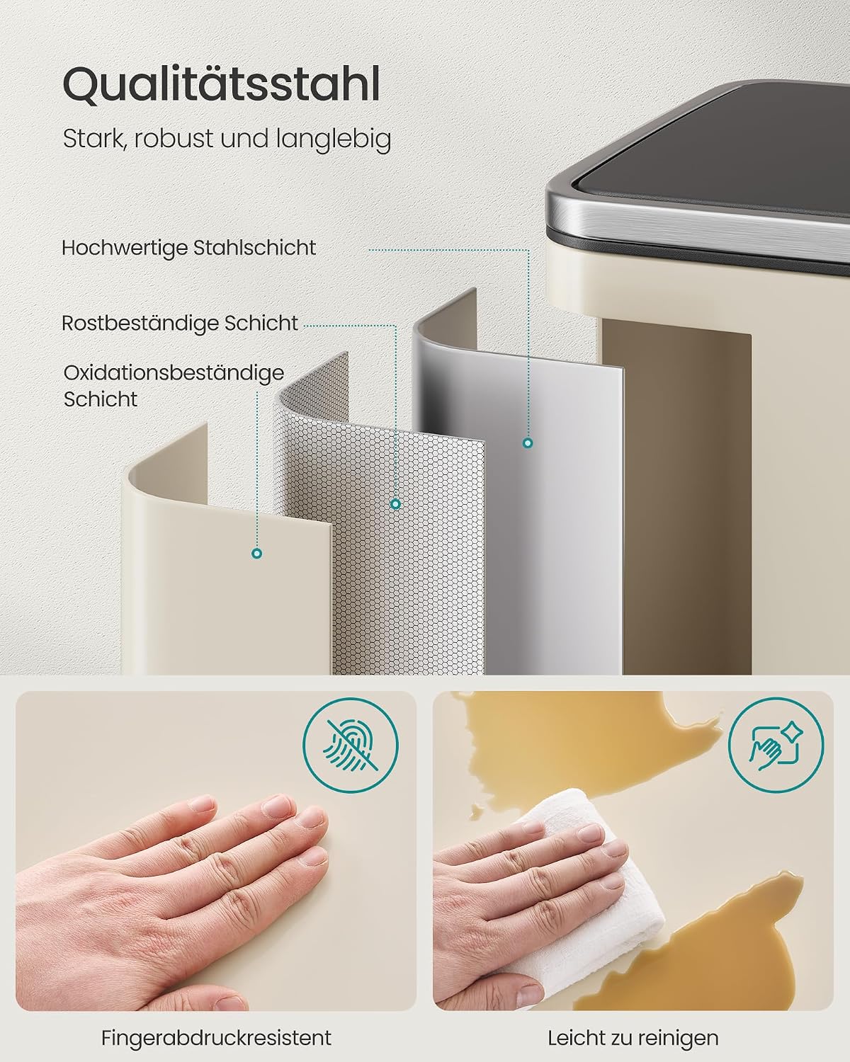 SONGMICS Vuilnisemmer 50 l, staal, met deksel, softclose, 15 vuilniszakken — foto 6