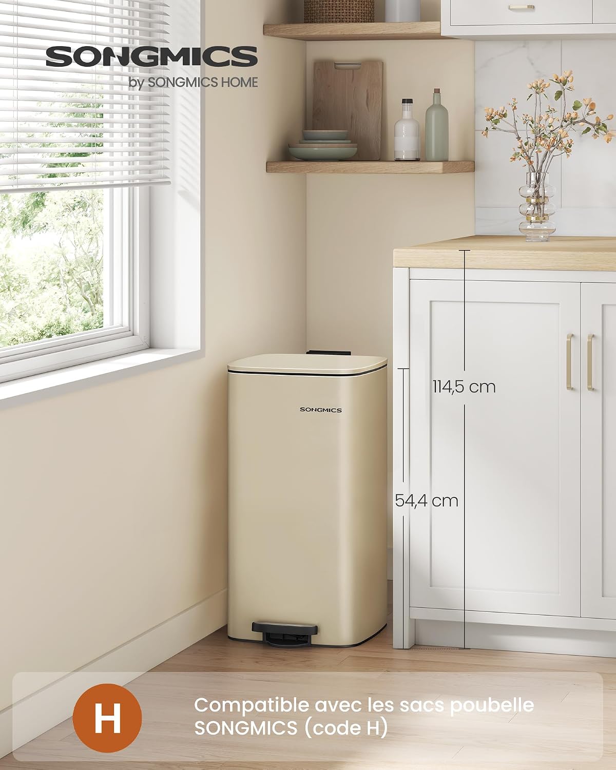 SONGMICS Afvalemmer voor de keuken, afvalbak 30 l, pedaalemmer van staal, met binnenemmer, zachte sluiting en opening, zandbeige LTB593A02 — foto 2