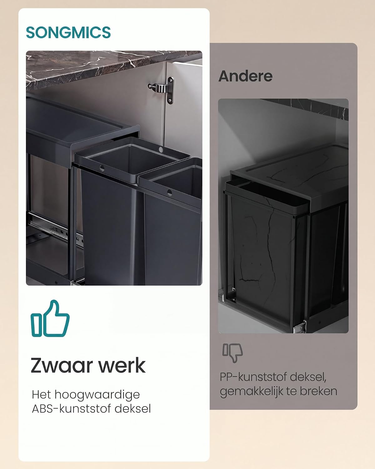 SONGMICS Keukenprullenbak, uittrekbaar, 3 gallon (20 L), 2-compartimenten — foto 7