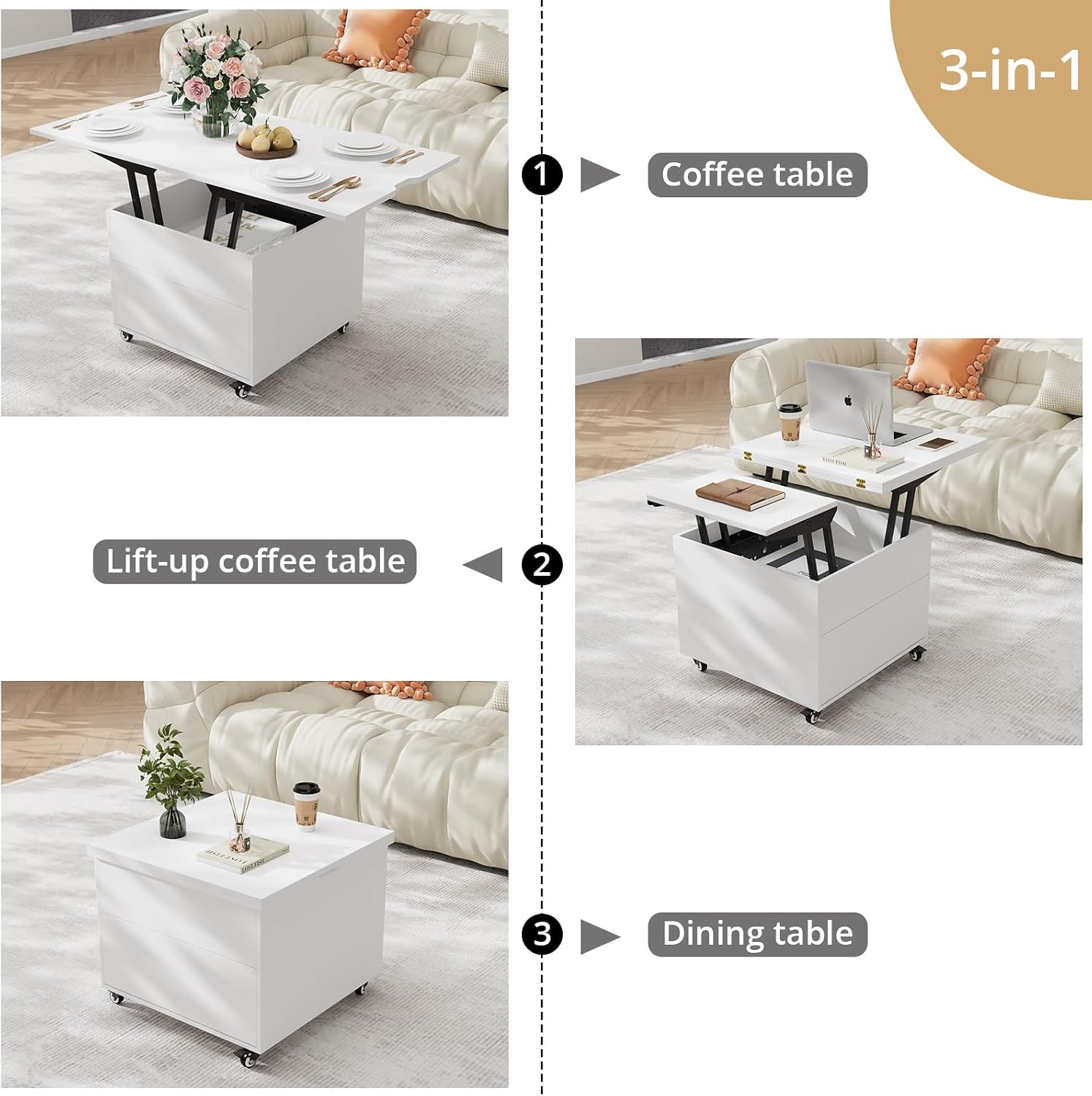 VOWNER Salontafel, in hoogte verstelbaar, 3-in-1 multifunctionele salontafel, om te bouwen tot woonkamer-eettafel, salontafel met verborgen opbergruimte, 120 x 60 x 68 cm (l x b x h) (wit)