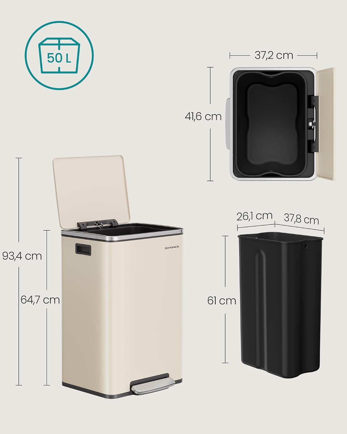 SONGMICS Vuilnisemmer 50 l, staal, met deksel, softclose, 15 vuilniszakken — foto 4