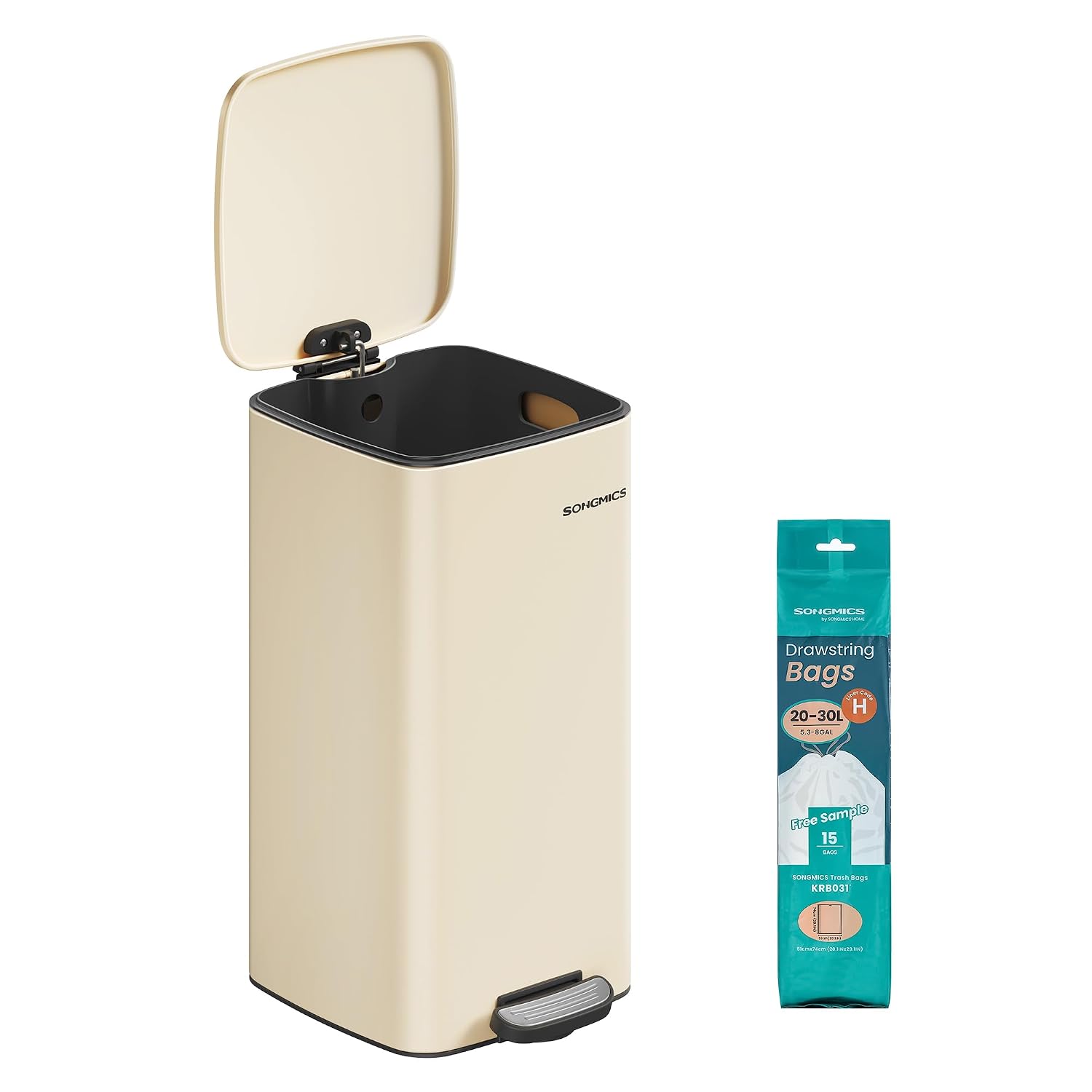 SONGMICS Afvalemmer voor de keuken, afvalbak 30 l, pedaalemmer van staal, met binnenemmer, zachte sluiting en opening, zandbeige LTB593A02 — foto 1