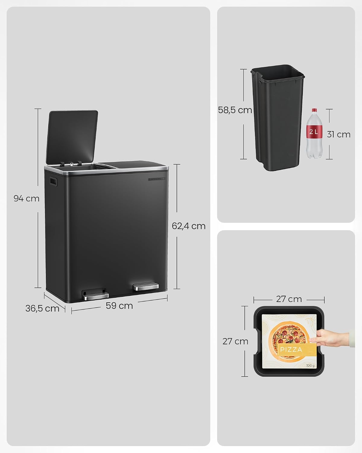 SONGMICS vuilnisbak, metalen pedaalemmers, 2 vakken, 2 x 30 L — foto 6