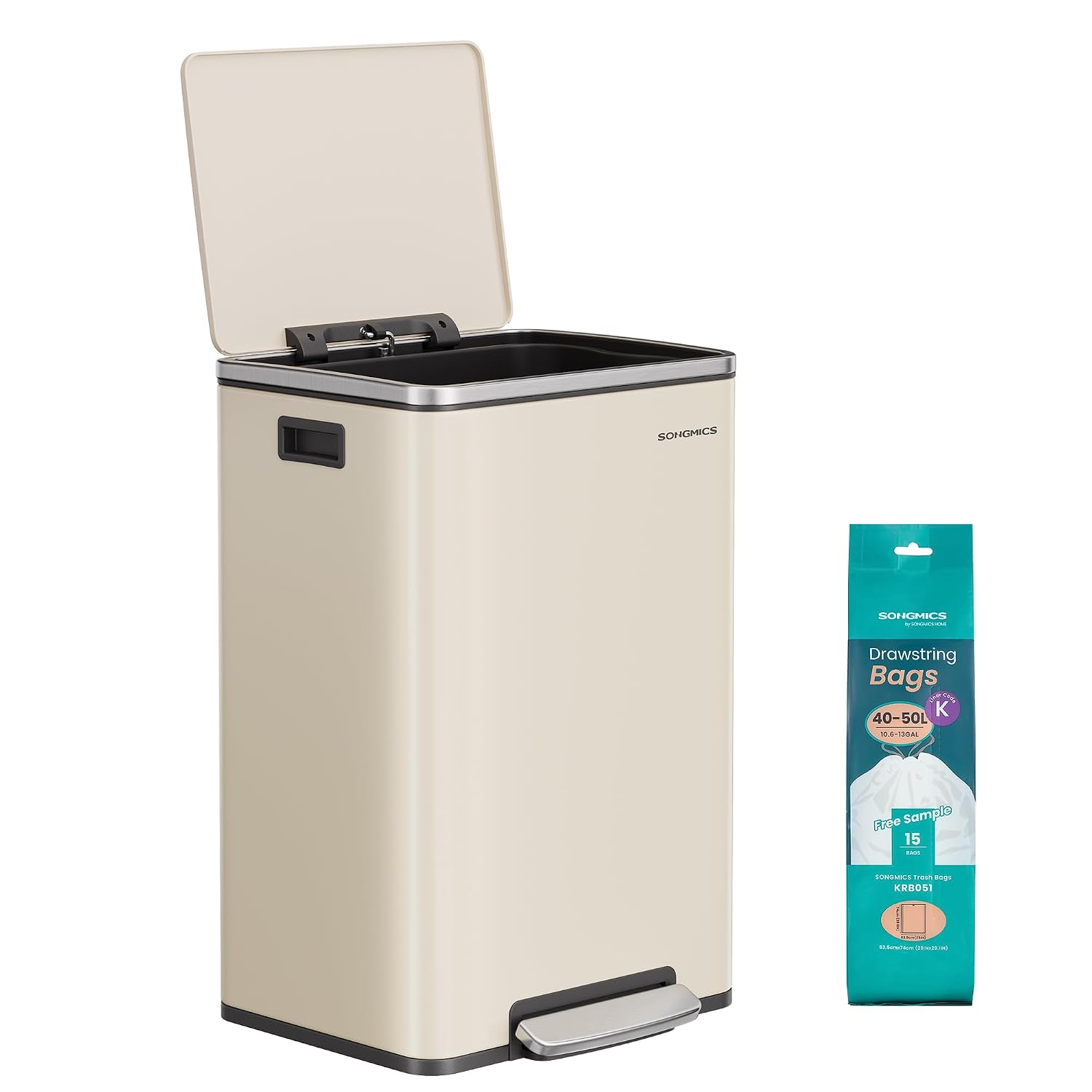 SONGMICS Vuilnisemmer 50 l, staal, met deksel, softclose, 15 vuilniszakken — foto 1