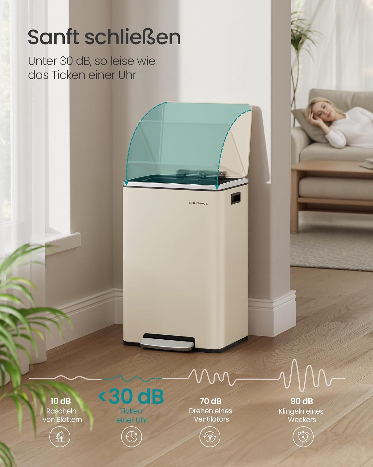 SONGMICS Vuilnisemmer 50 l, staal, met deksel, softclose, 15 vuilniszakken — foto 3