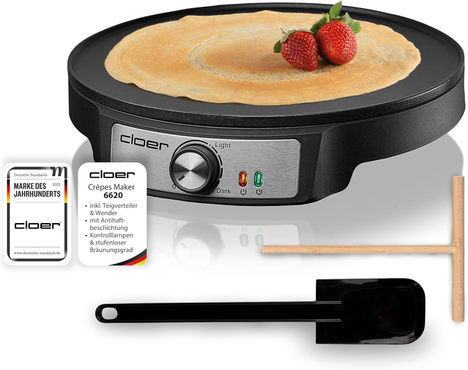 Cloer 6620 Crêpes-maker voor flinterdunne crêpes met 29 cm diameter, incl. deegverdeler en spatel, anti-aanbaklaag, traploze temperatuurregeling en controlelampje, 1200 W