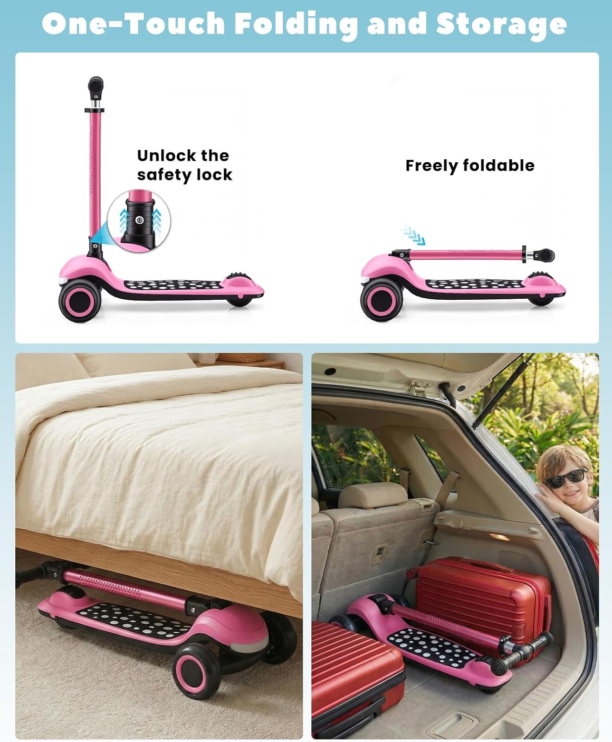 UBRAVOO Scooter voor kinderen van 3 tot 10 jaar, met slechts één klik, inklapbaar, met 4-voudig in hoogte verstelbaar stuur en achterwielrem, verlichte wide-deck-step — foto 4