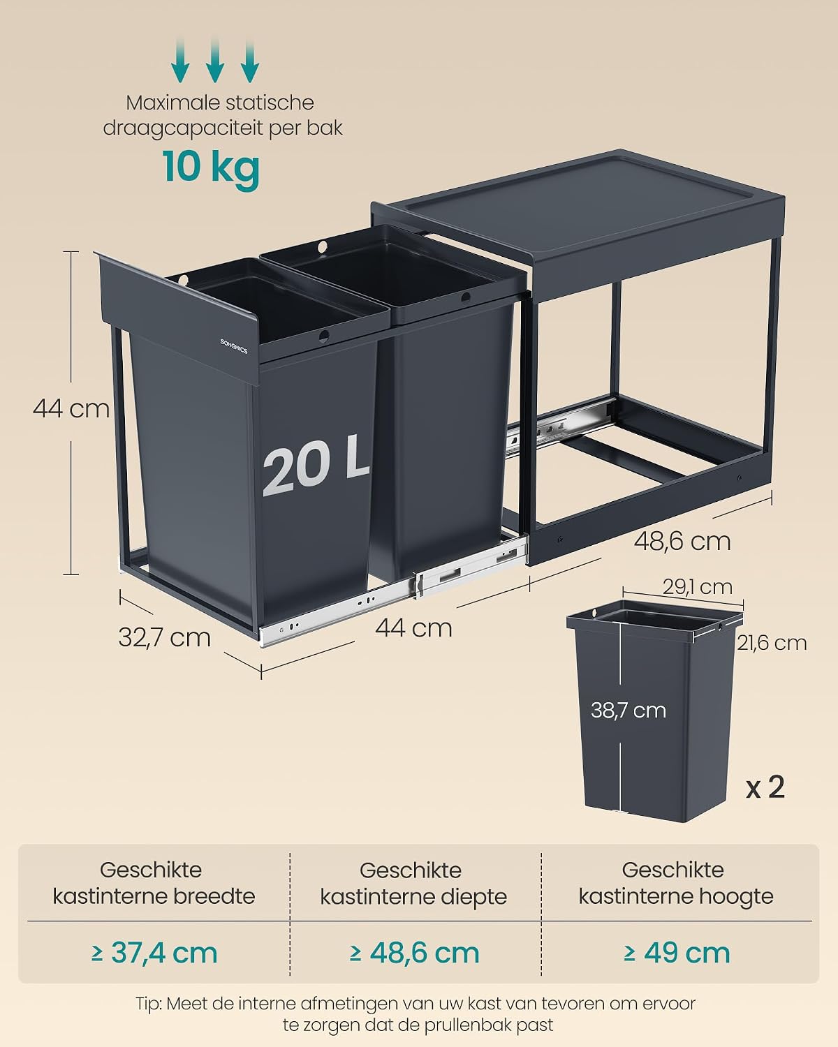 SONGMICS Keukenprullenbak, uittrekbaar, 3 gallon (20 L), 2-compartimenten — foto 4