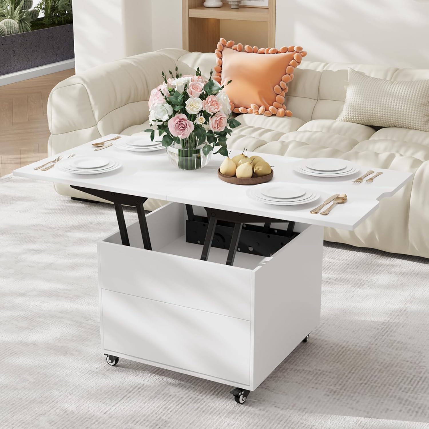 VOWNER Salontafel, in hoogte verstelbaar, 3-in-1 multifunctionele salontafel, om te bouwen tot woonkamer-eettafel, salontafel met verborgen opbergruimte, 120 x 60 x 68 cm (l x b x h) (wit)