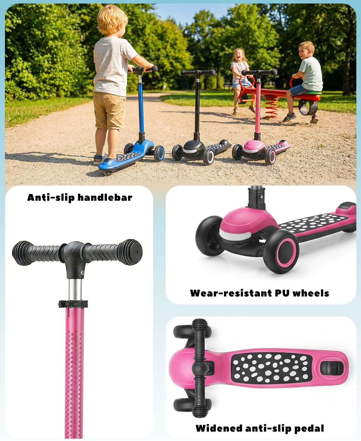UBRAVOO Scooter voor kinderen van 3 tot 10 jaar, met slechts één klik, inklapbaar, met 4-voudig in hoogte verstelbaar stuur en achterwielrem, verlichte wide-deck-step — foto 5