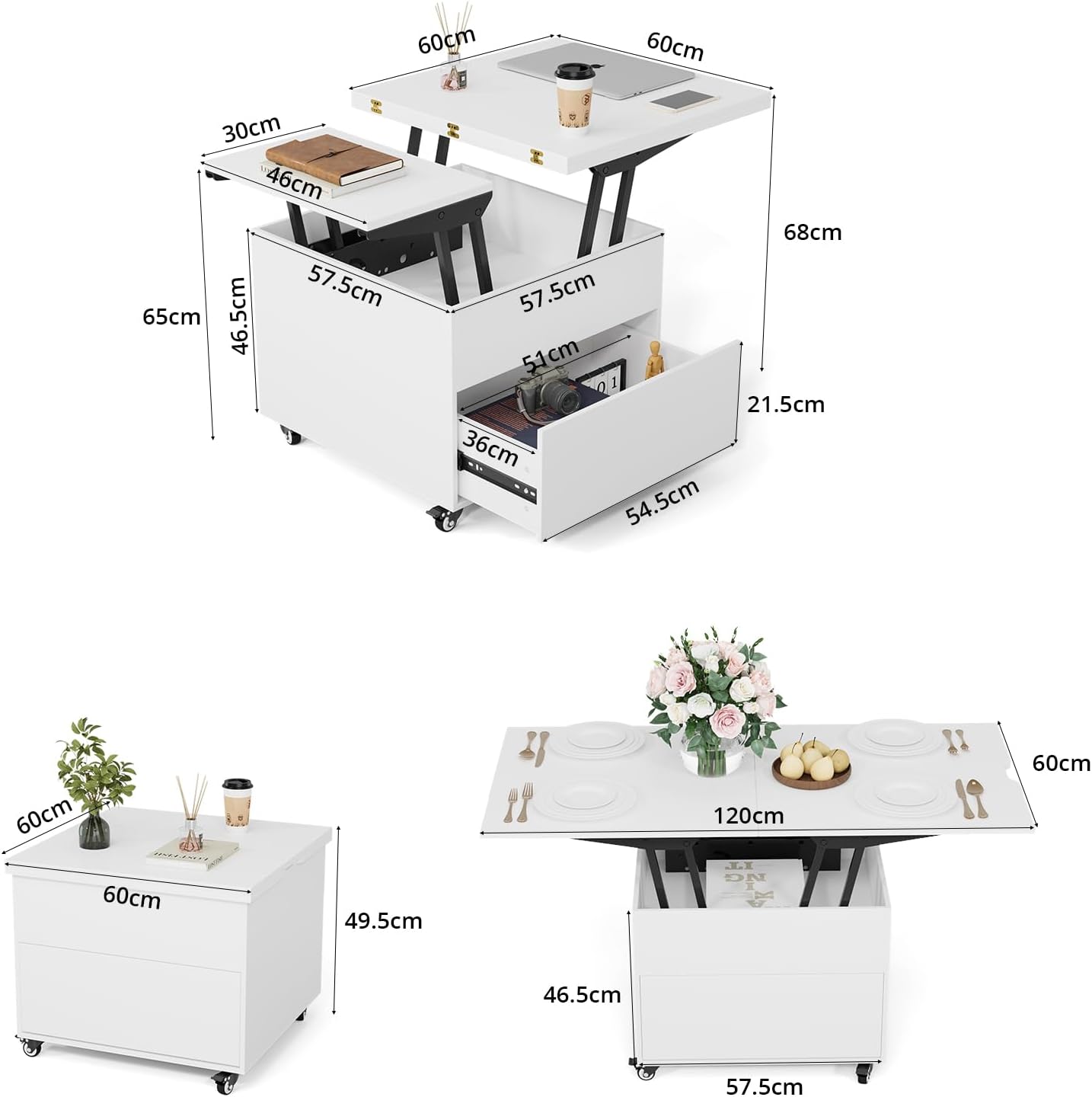 VOWNER Salontafel, in hoogte verstelbaar, 3-in-1 multifunctionele salontafel, om te bouwen tot woonkamer-eettafel, salontafel met verborgen opbergruimte, 120 x 60 x 68 cm (l x b x h) (wit)