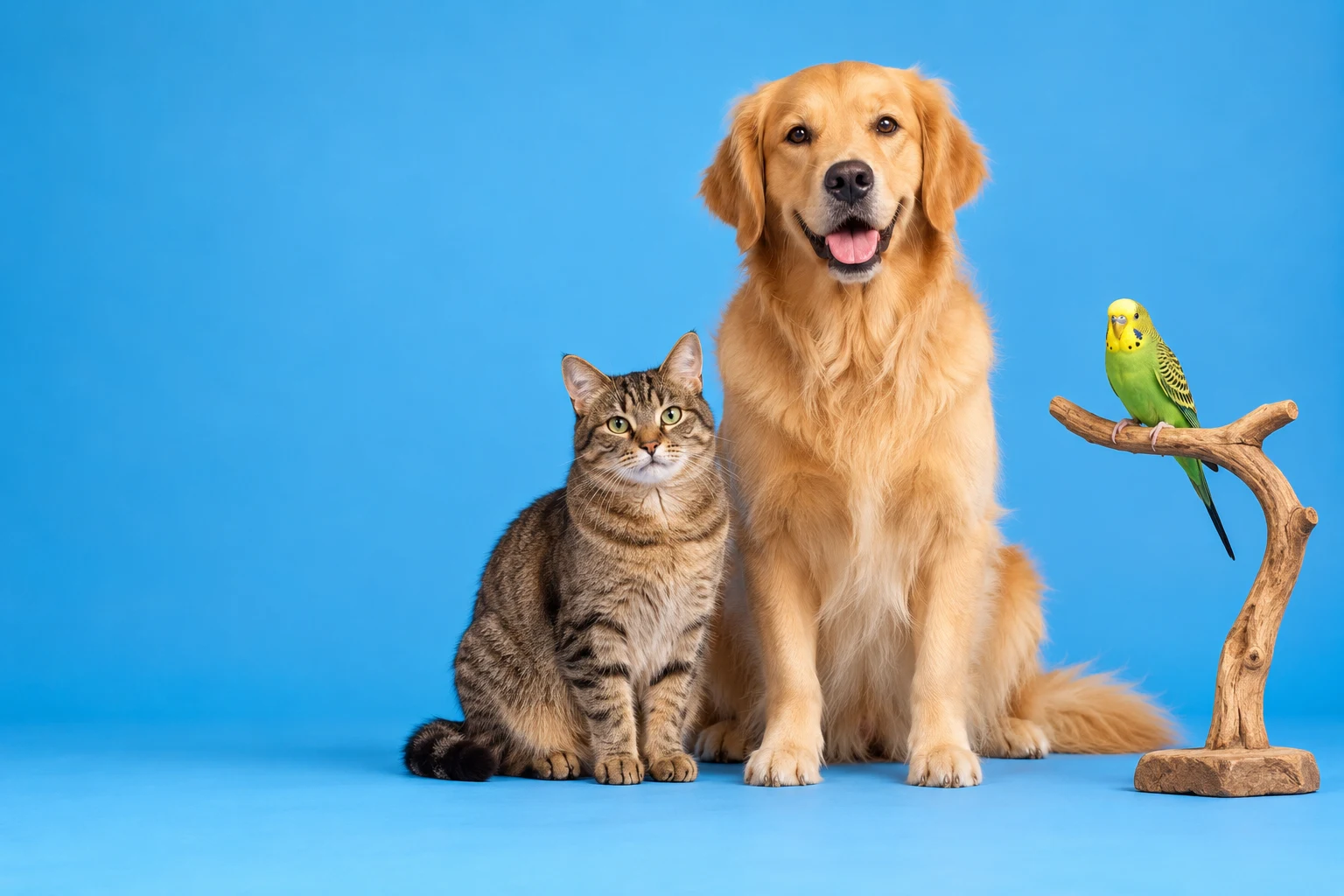 Hond, kat en parkiet op een blauwe achtergrond
