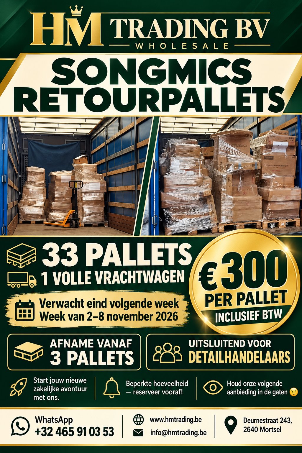 HM Trading · 33 SONGMICS-retourpallets · €300 inclusief btw per pallet · vanaf 3 pallets · alleen voor detailhandelaars