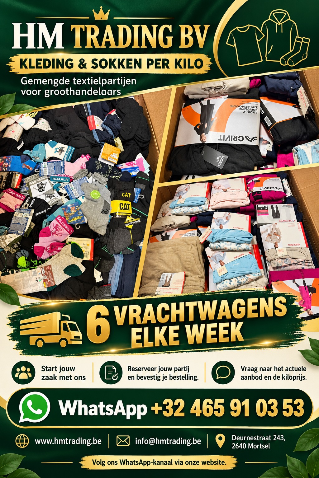 HM Trading BV · Kleding en sokken per kilo · 6 vrachtwagens elke week · WhatsApp +32 465 91 03 53